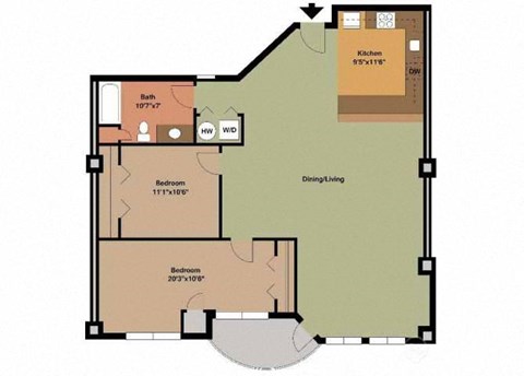 Floor plan for 2 beds, 1 bath, 1245 sqft